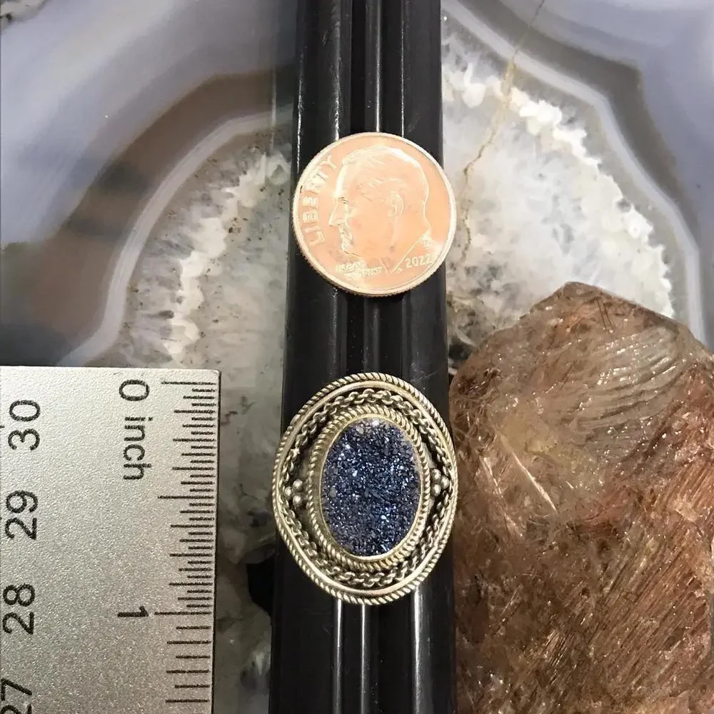 Carolyn Pollack Sterling Oval Druzy Quartz Decorated Ring Size 9.5 For Women